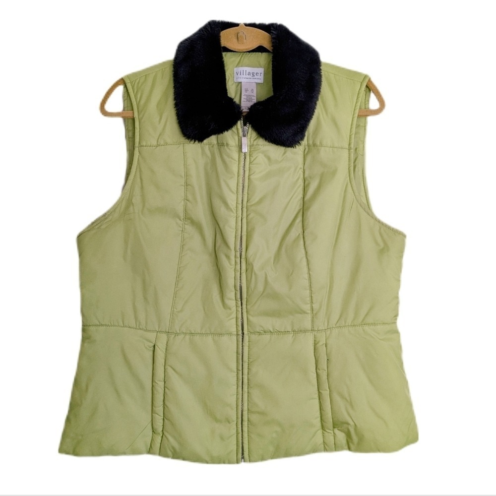 Villager Vintage 90s Rom Com Chartreuse Green Faux Fur Collar Puffer Vest